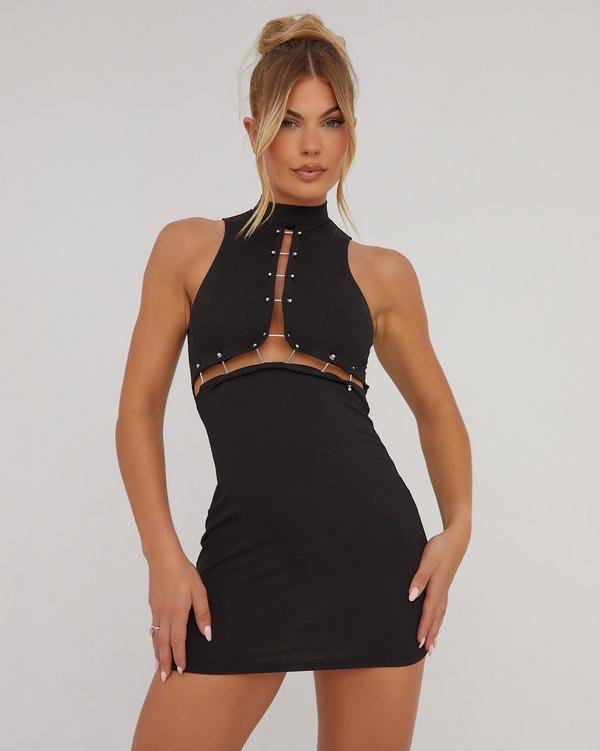 High Neck Slash Front Hardware Detail Mini Bodycon Dress In Black