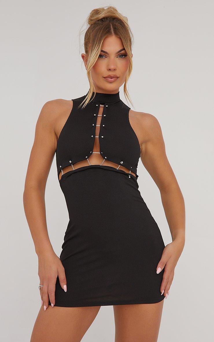 High Neck Slash Front Hardware Detail Mini Bodycon Dress In Black Ribbed |  EGO US | EGO
