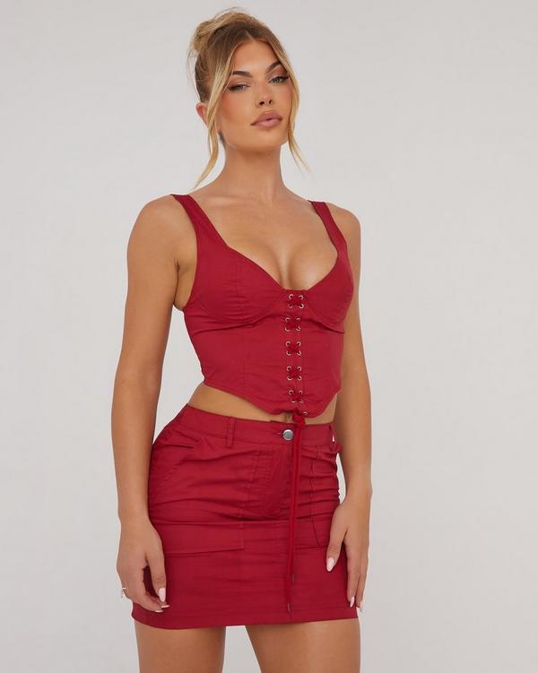 Plunge Lace Up Front Detail Utility Corset Top In Red