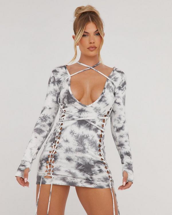 Grey Slinky Plunge Bodycon Mini Dress, Dresses