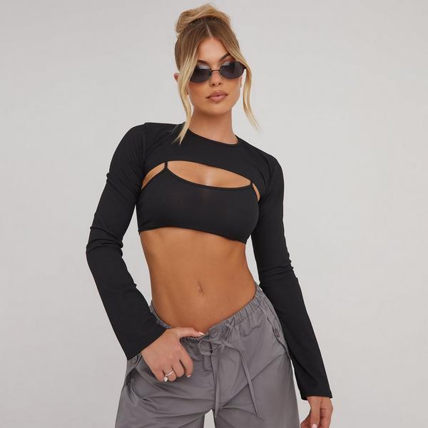 Long Sleeve Suspender Detail Double Layered Crop Top In Black Slinky