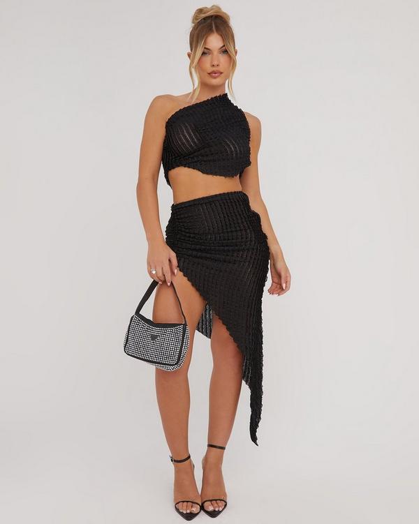 One Shoulder Crop Top And High Waist Split Leg Asymmetric Midi