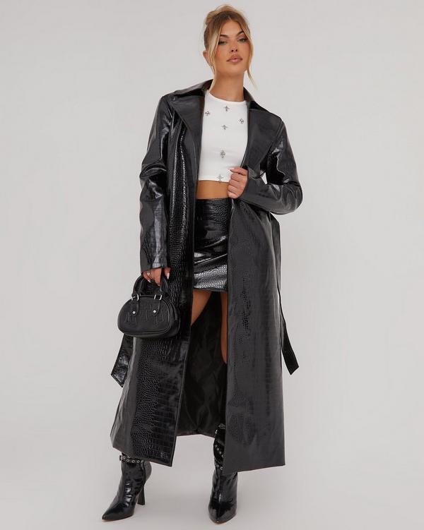 Belted Waist Detail Longline Trench Coat In Black Croc Faux