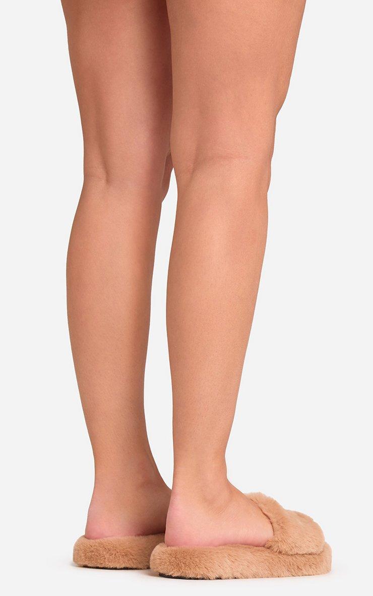 Winda Logo Detail Flat Slipper In Tan Brown Faux Fur | EGO US | EGO
