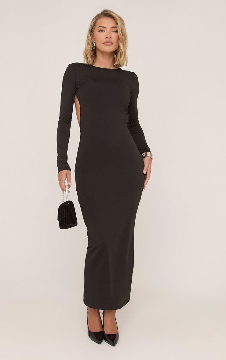Long Sleeve Cut Out T Bar Open Back Maxi Dress In Black Slinky | EGO UK |  EGO