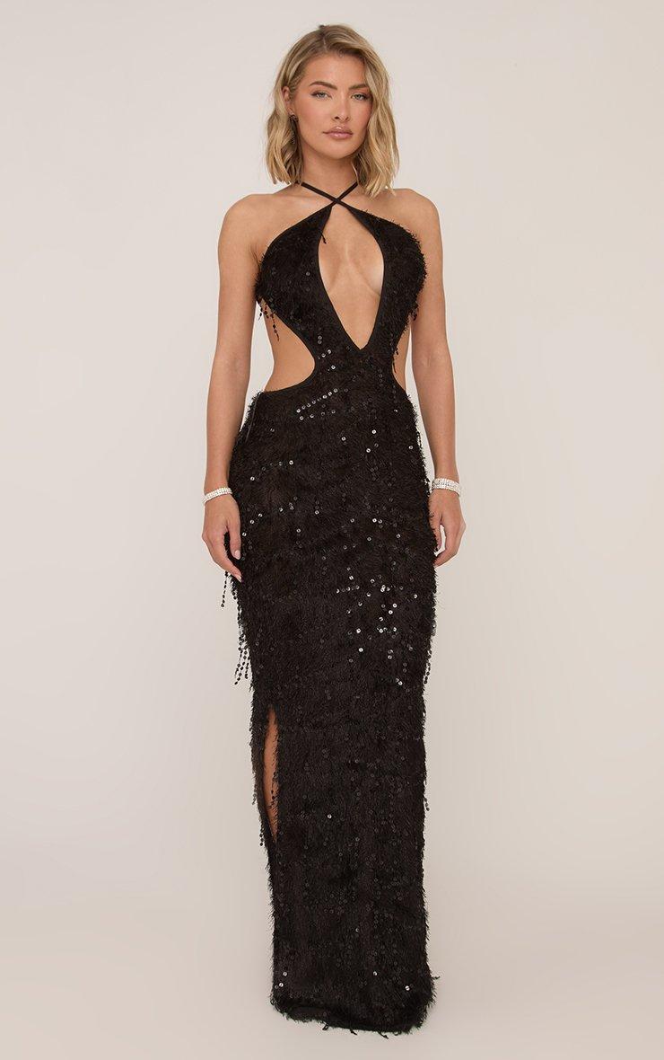 black glitter dress long Scala 61353 Fitted Sequins Prom - Royal - Sleeveless with Slit stretchy fabric allows room for hips Sparkly Black Sequins Long-Sleeves Deep-V-Neck