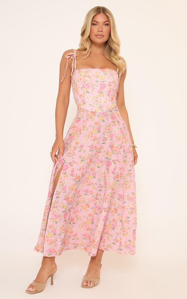 Square Neck Split Leg Detail Corested Midi Dress In Pink