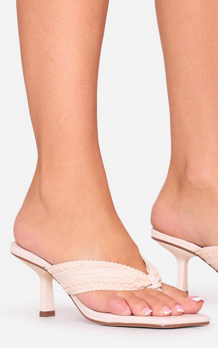 Hudson Textured Thong Strap Square Toe Heel Mule In Beige Hudson Textured Thong Strap Square Toe Heel Mule In Beige