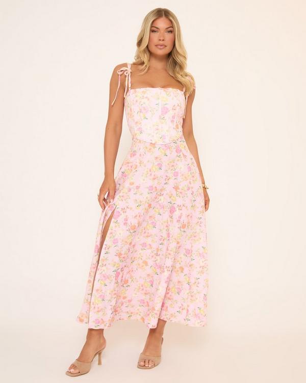 Square Neck Split Leg Detail Corested Midi Dress In Pink Floral Print