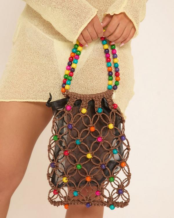 Betsy Beaded Detail Top Handle Bag In Brown Crochet