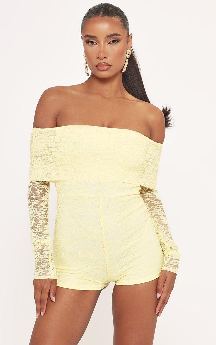 Long Sleeve Fold Over Bardot Playsuit In Yellow Lace | EGO US | EGO