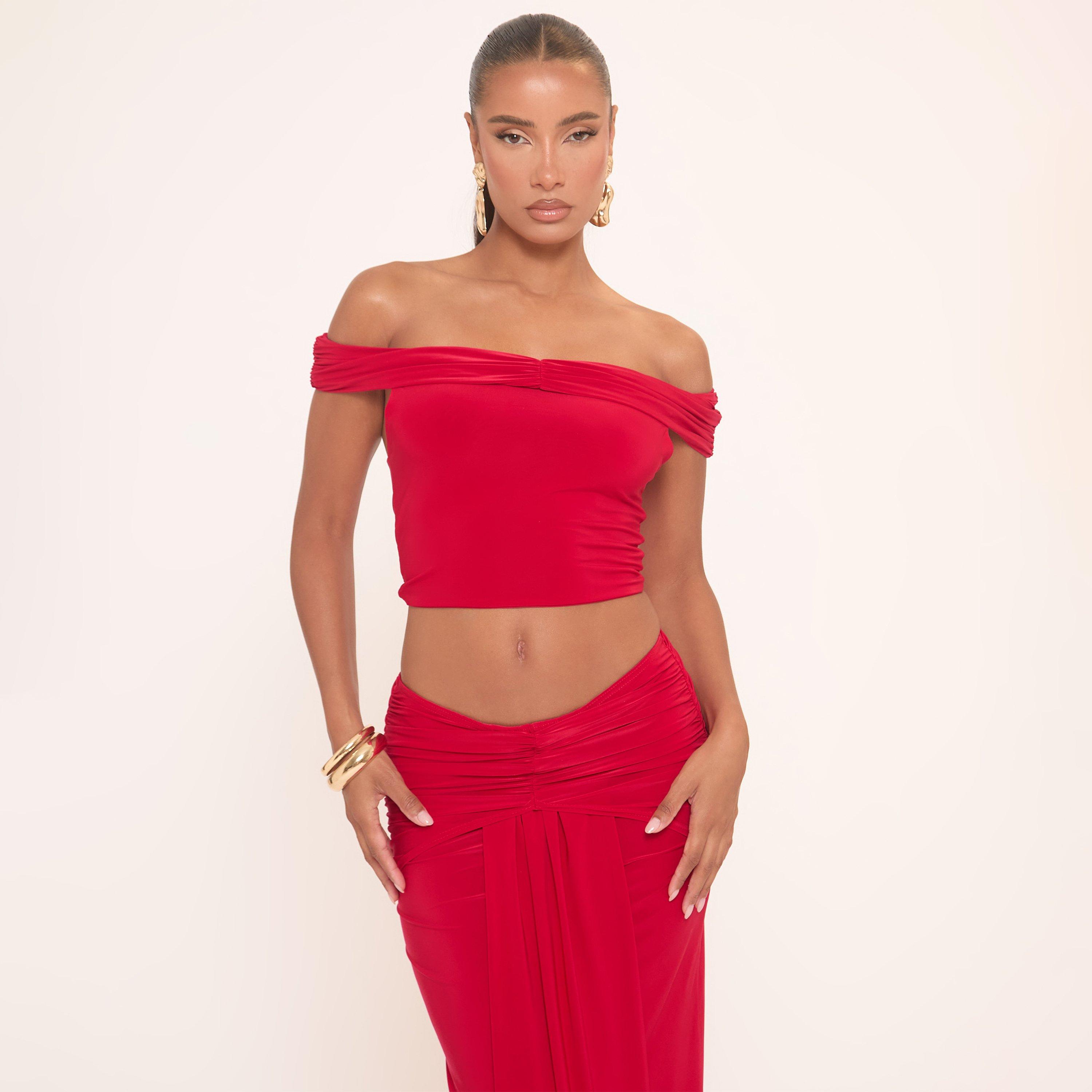 Image of Bardot Ruched Detail Crop Top In Red Slinky, Women's