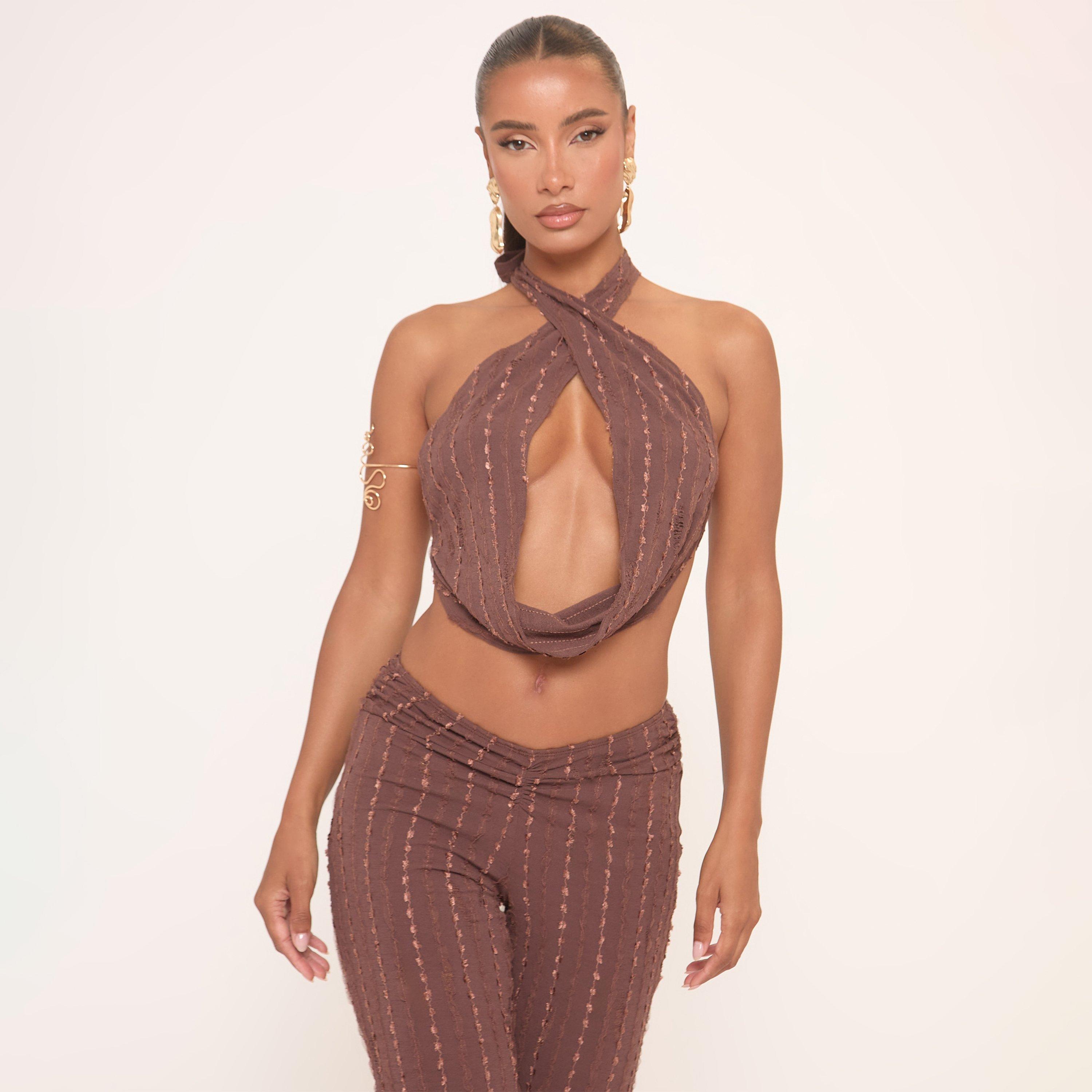 Image of Halterneck Tie Back Detail Top In Brown Texture, Women's