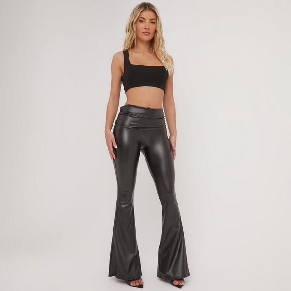 High Neck Multi Strap Detail Crop Top In Black Faux Leather