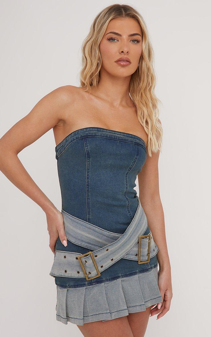 Bandeau Contrast Belt Detail Pleated Mini Bodycon Dress In Blue Denim | EGO  EU | EGO