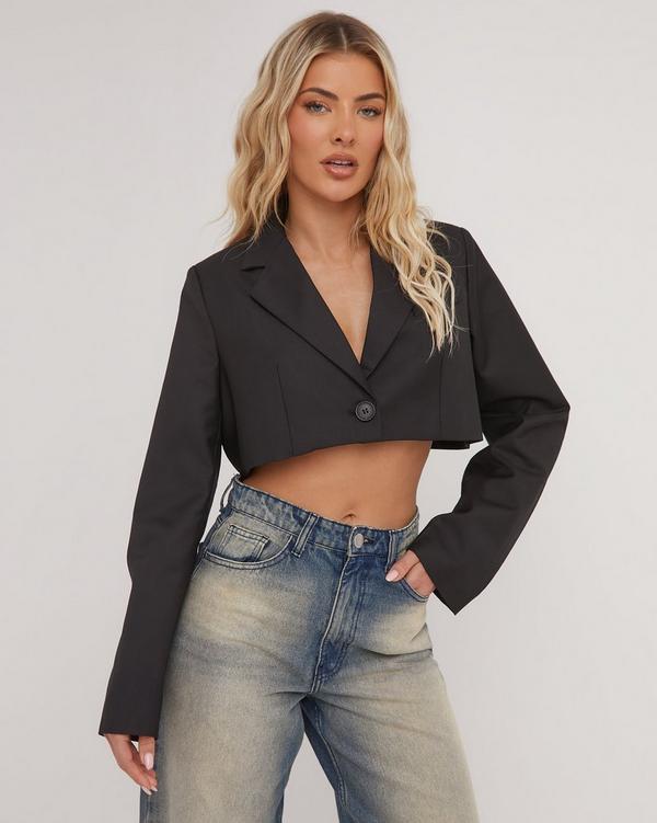 Dipped Hem Corset Detail Cropped Jacket In Blue Dirty Wash Denim