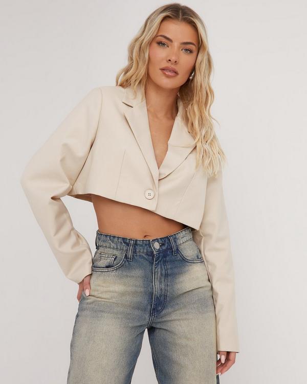 Long Sleeve Tie Waist Detail Zip Up Cropped Cardigan In Stone Knit