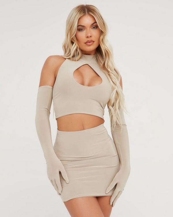 High Neck Keyhole Detail Crop Top With Gloves In Stone Slinky