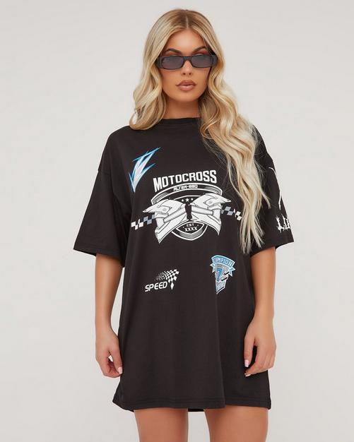 V Neck 'Colorado' Graphic Print Side Split Detail Oversized T-Shirt Dress in Charcoal Acid Wash, Women's Size US 6 - Ego
