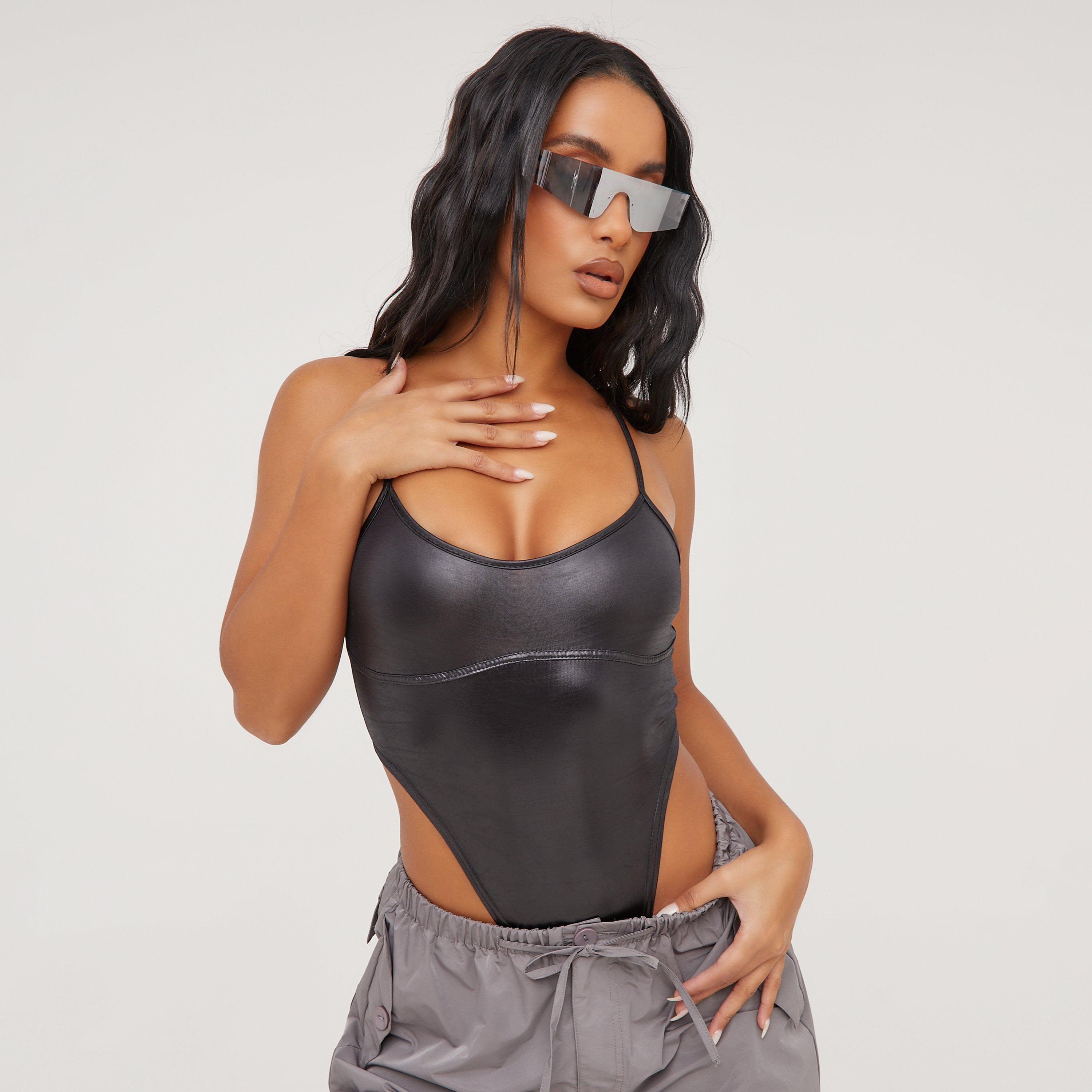 Strappy Binding Detail Bodysuit In Black, Women's Size UK 16