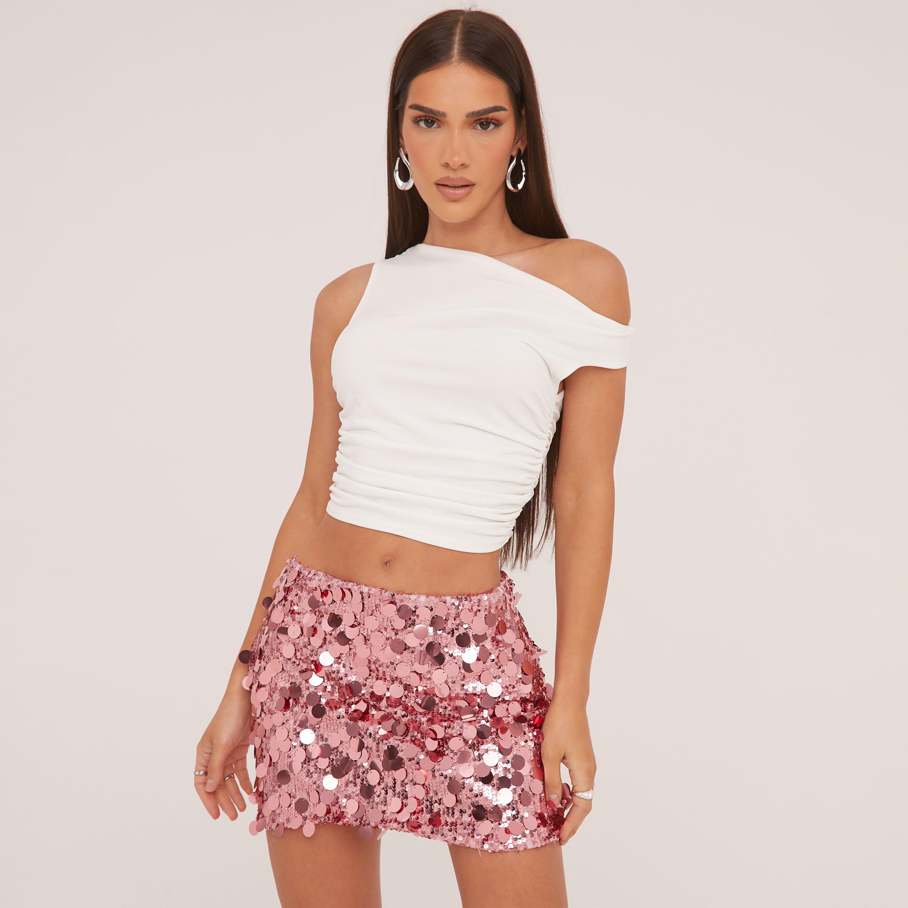 Mid Rise Disc Sequin Mini Skirt In Pink, Women's Size UK 6