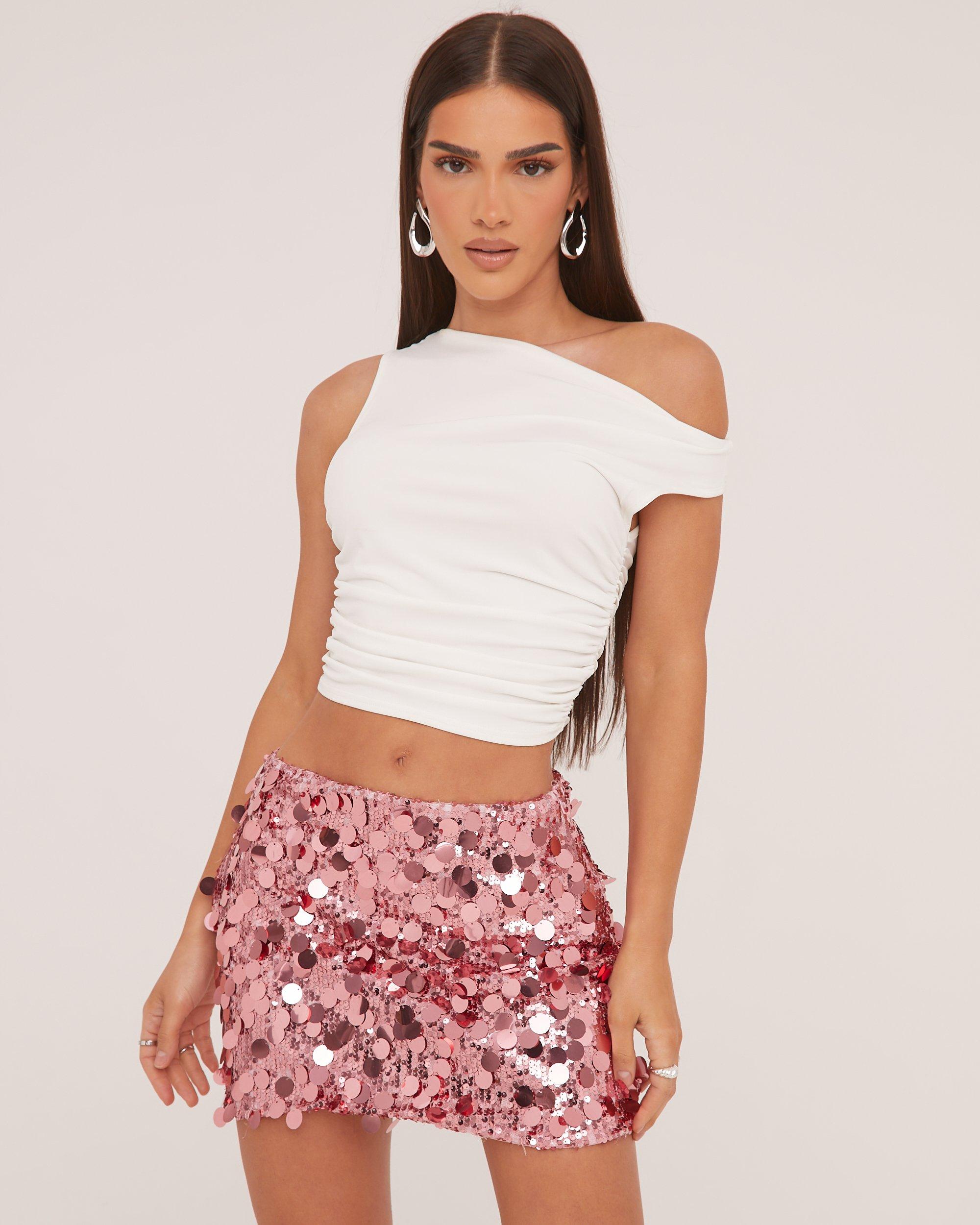 Mid Rise Disc Sequin Mini Skirt In Pink | EGO