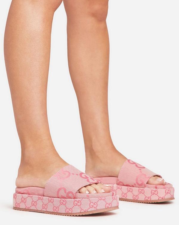 Manic Printed Detail Peep Toe Flatform Slider Sandal In Pink Fabric
