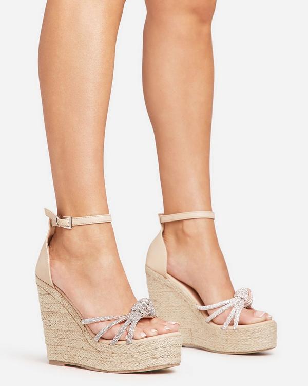 Bello Diamante Knotted Strap Detail Woven Platform Wedge Heel In Nude Faux Leather EGO