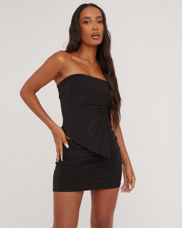 Bandeau Ruched Front Detail Top In Black Slinky