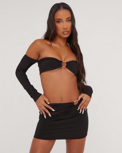 Long Sleeve Square Neck Cut Out Front Detail Mesh Contrast Bodysuit In  Black Slinky