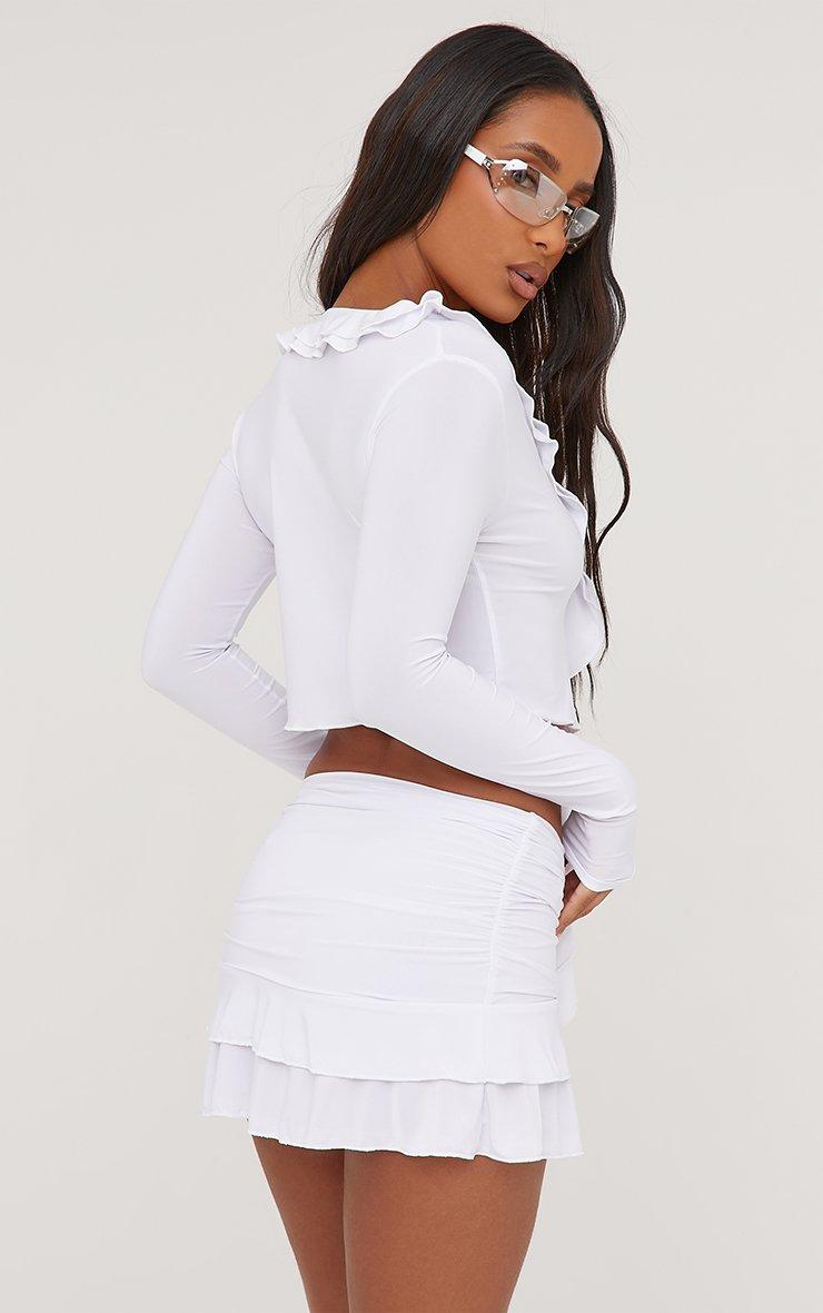 FRILL DROP トップス Long Sleeve Tie Front Frill Detail Crop Top In White Slinky | EGO