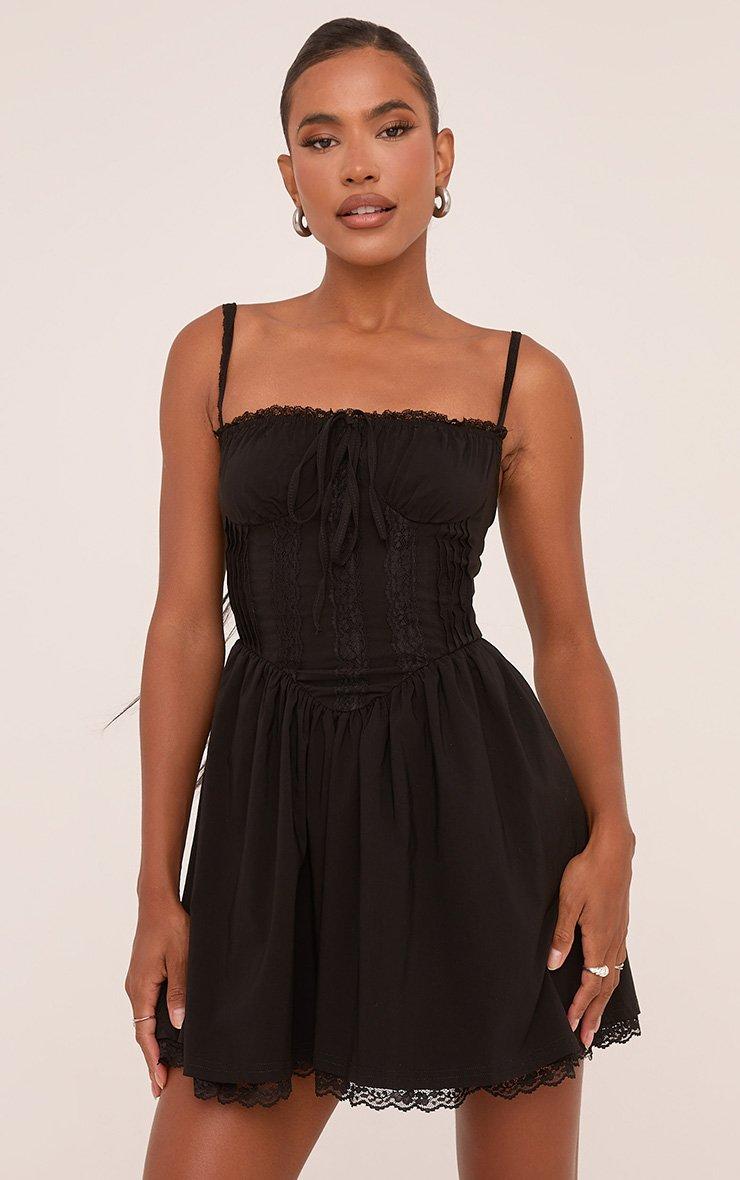 Strappy Square Neck Lace Trim Corseted Mini Skater Dress In Black