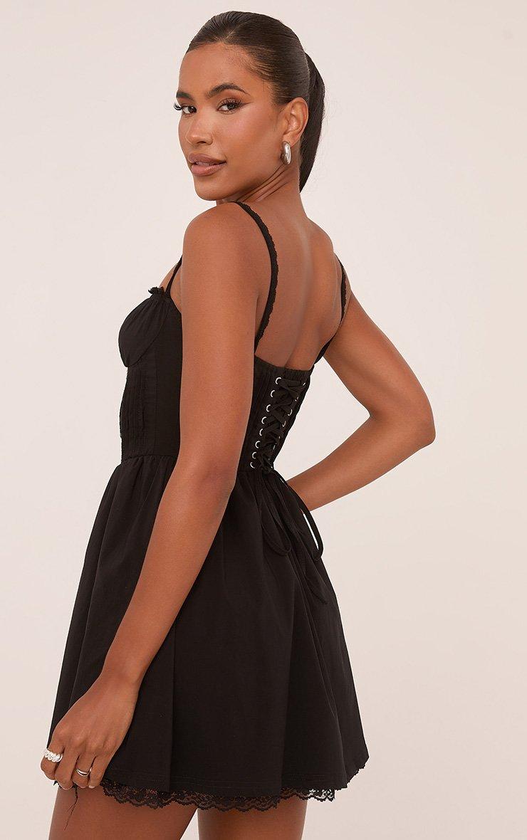 Strappy Square Neck Lace Trim Corseted Mini Skater Dress In Black