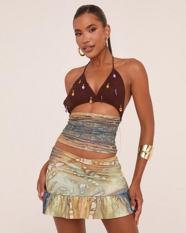 Halterneck Jewelled Detail Cut Out Co-ord Set In Multi Abstract Print