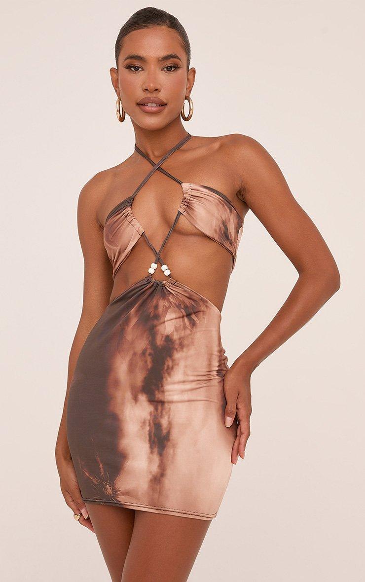 brown abstract dress Plus Size Rust Brown Abstract Print Long Sleeve Empire Waist Boho Mini Dress main image 1