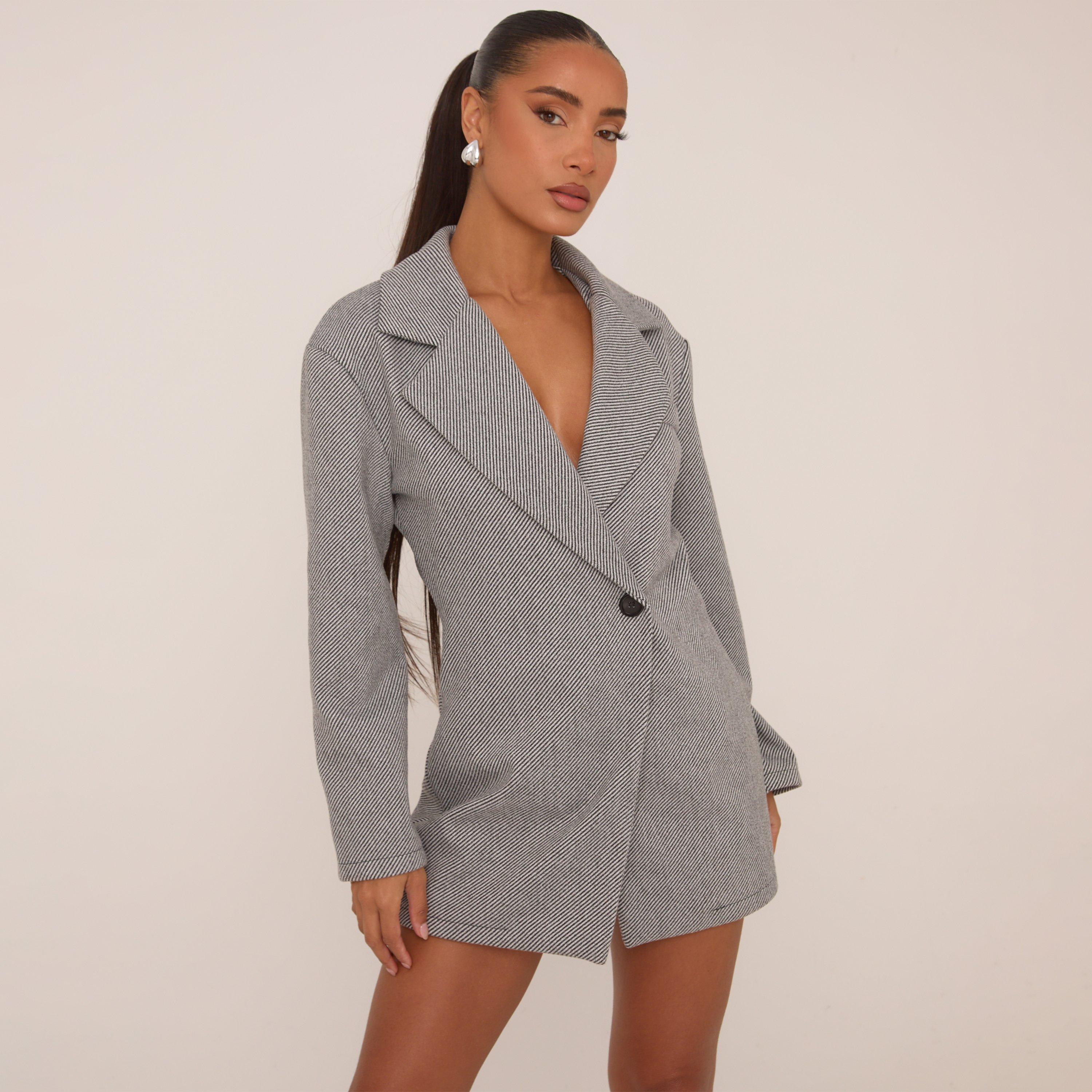 Image of Long Sleeve Wool Look Asymmetric Blazer Playsuit In Grey, Women's