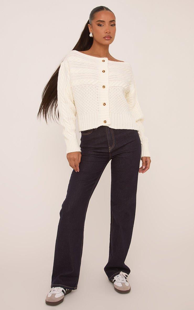 Long Sleeve Off The Shoulder Button Front Cardigan In Cream Cable