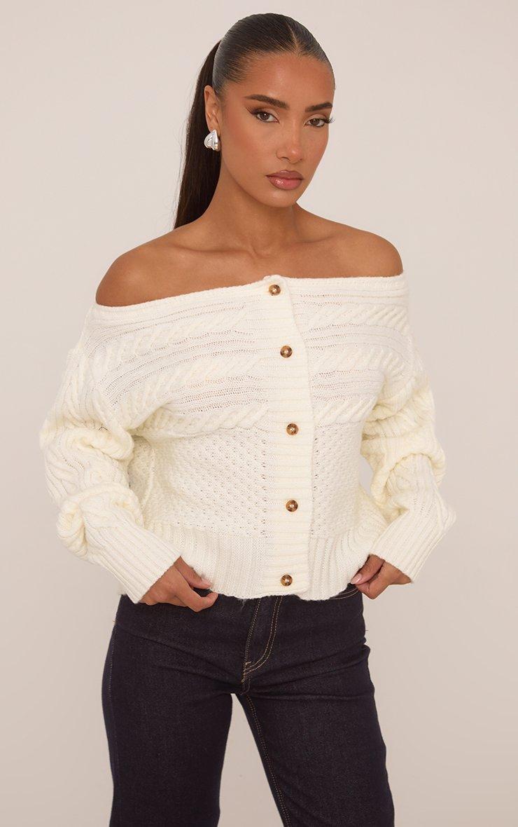 Long Sleeve Off The Shoulder Button Front Cardigan In Cream Cable