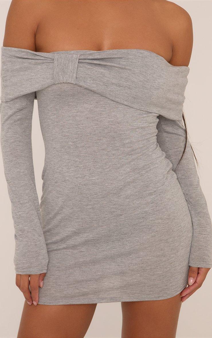 Long Sleeve Bardot Knot Detail Mini Bodycon Dress In Grey | EGO US | EGO