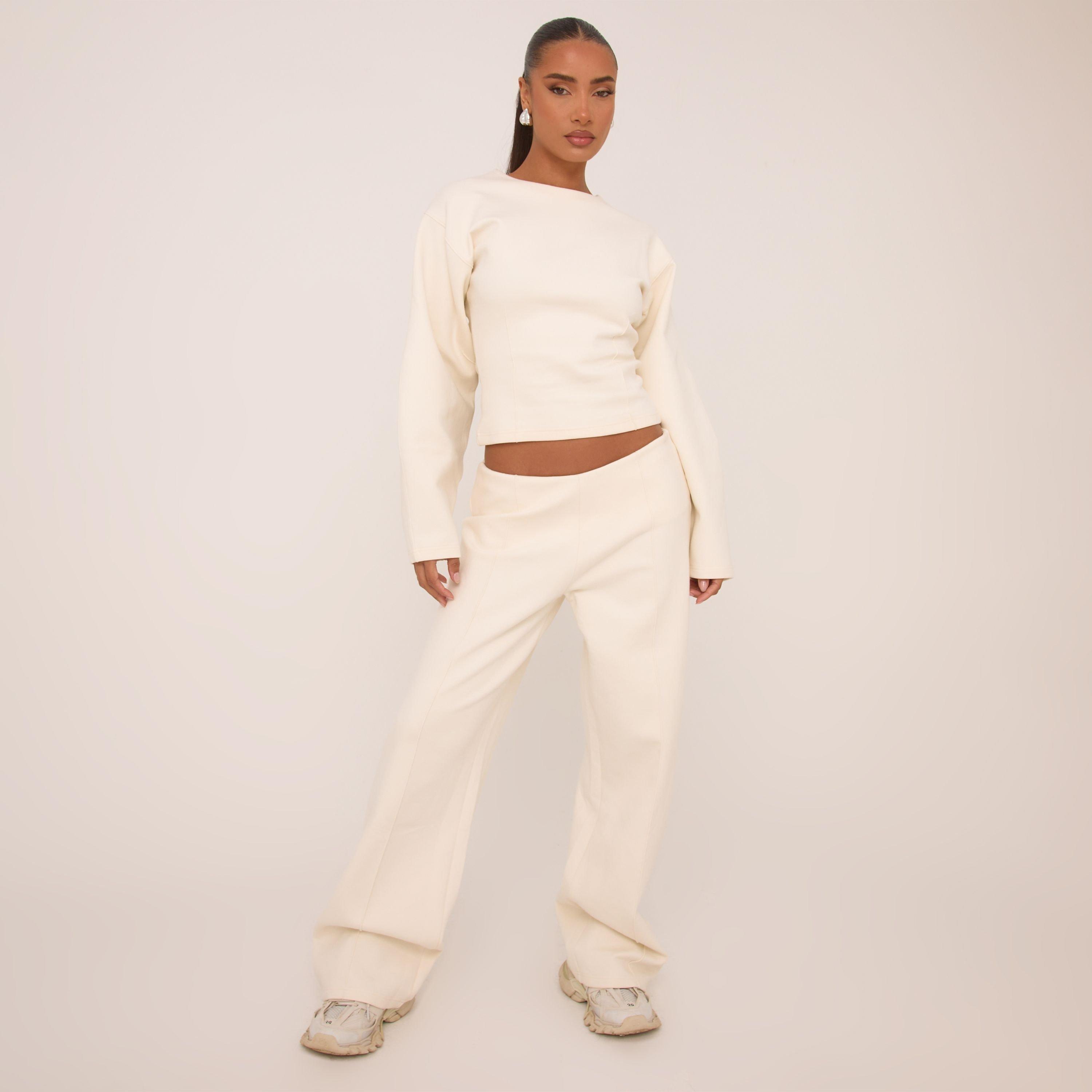 Mid Rise Seam Detail Straight Leg Joggers In Cream, Women’s
