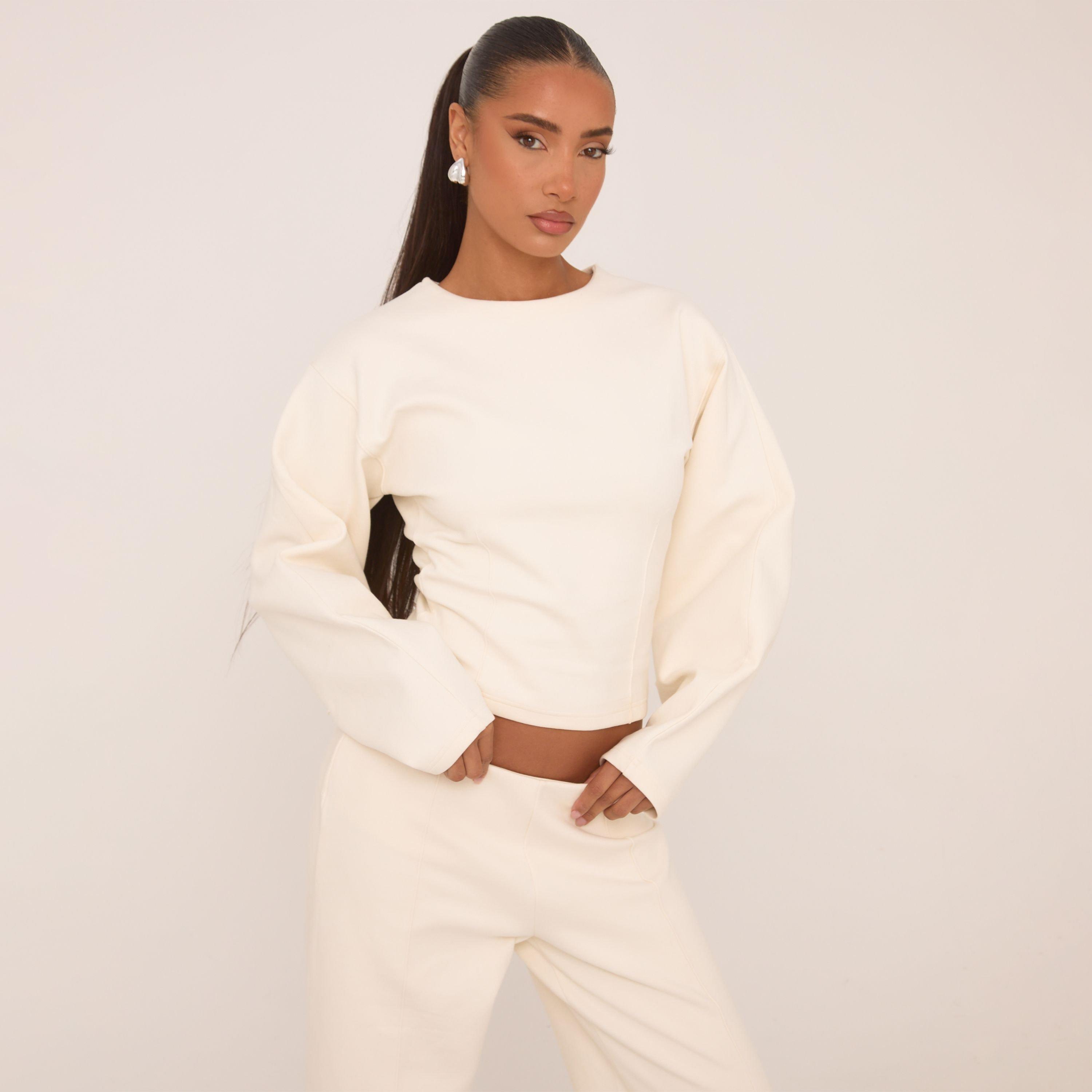 Long Balloon Sleeve Seam Detail Sweatshirt In Cream, Women's Size UK 16