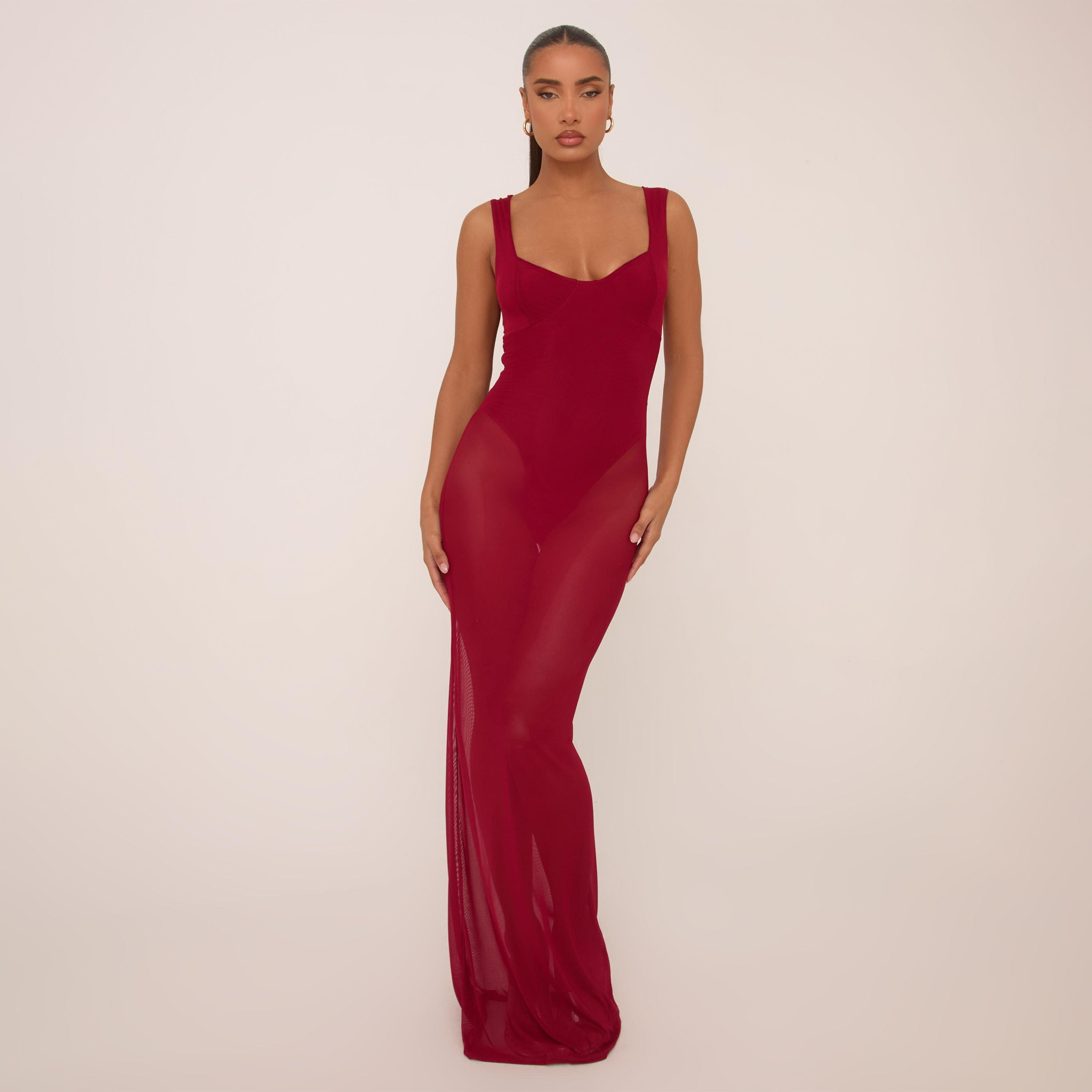 Scoop Neck Bodysuit Insert Maxi Dress In Burgundy Mesh, Women's Size UK 10