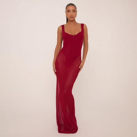 Scoop Neck Bodysuit Insert Maxi Dress In Burgundy Mesh, Women's Size US