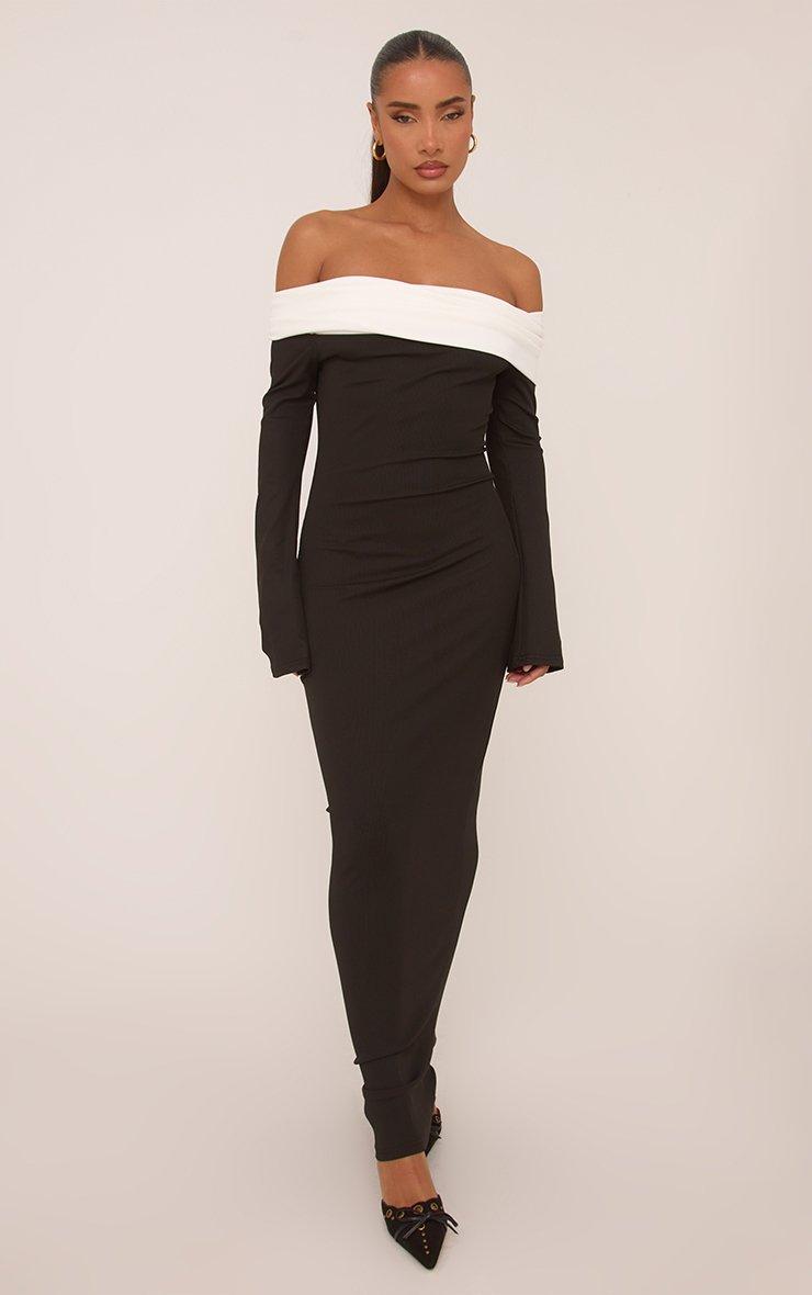 Long Sleeve Contrast Bardot Maxi Dress In Black | EGO US | EGO