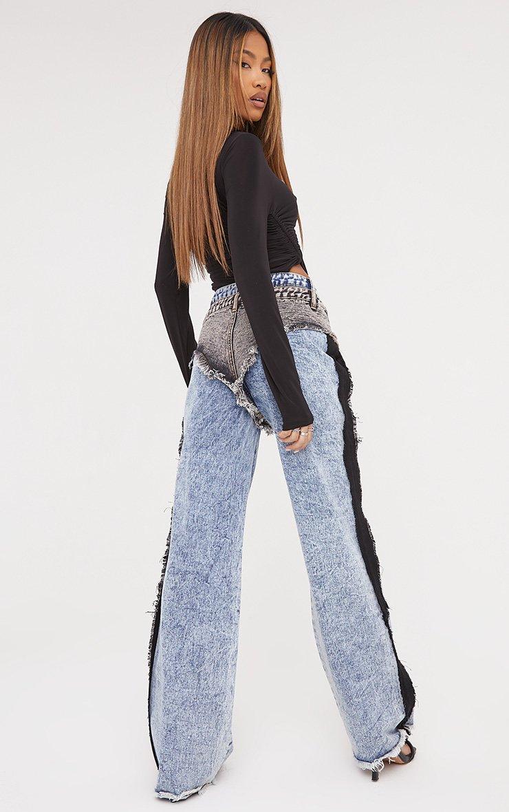 High Waist Layered Contrast Frayed Detail Jeans In Blue Denim 