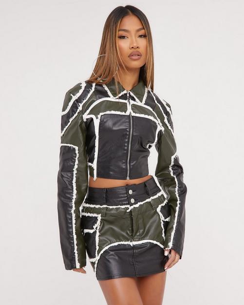 Black Faux Leather Pocket Detail Oversized Cropped Jacket