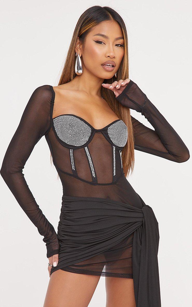 Long Sleeve Diamante Cup Drape Detail Corseted Mini Dress In Black Mesh |  EGO US | EGO