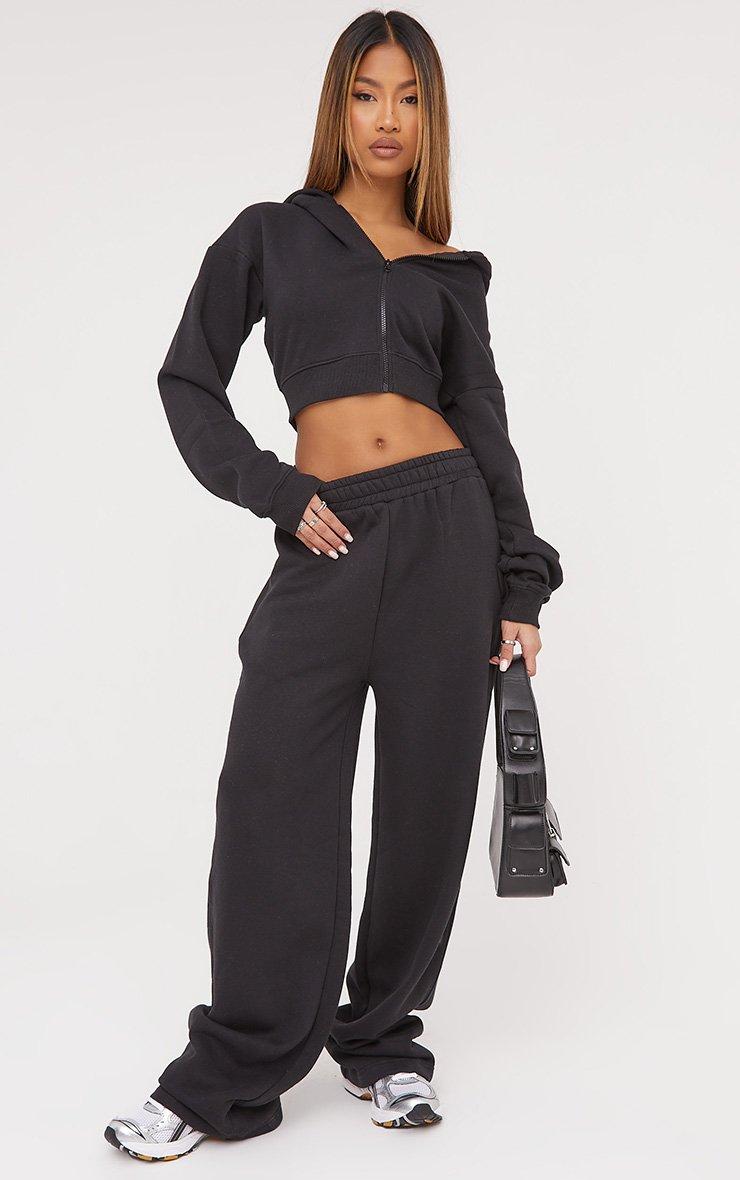 Long Sleeve Oversized Zip Detail Cropped Hoodie In Black | EGO US