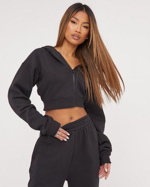 Black Zipped Crop Top LoungeWear Set