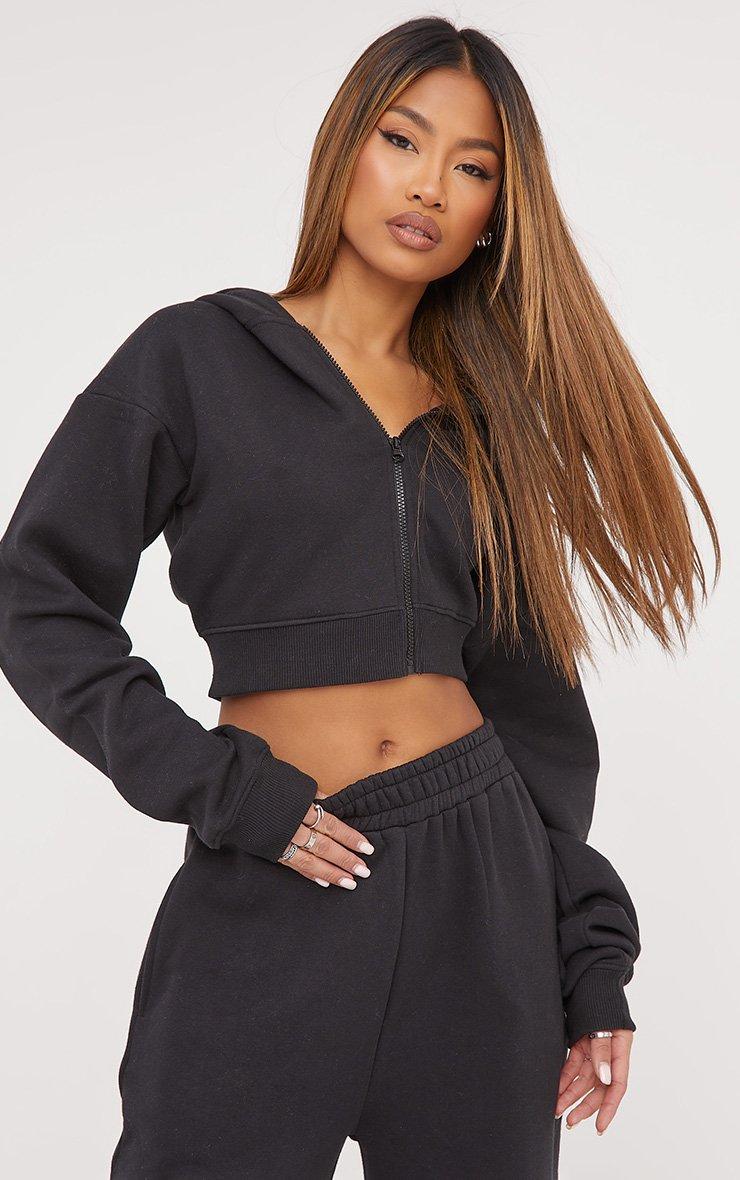 Zip Through Cropped Hoodie In Black Acid Wash | EGO US | EGO